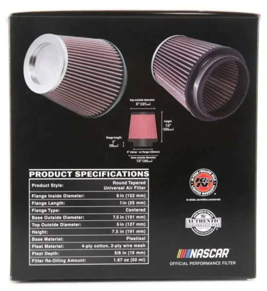 K&N Round Tapered Universal Air Filter 6 inch Flange 7 1/2 inch Base 5 inch Top 7 1/2 inch Height thumbnail 12