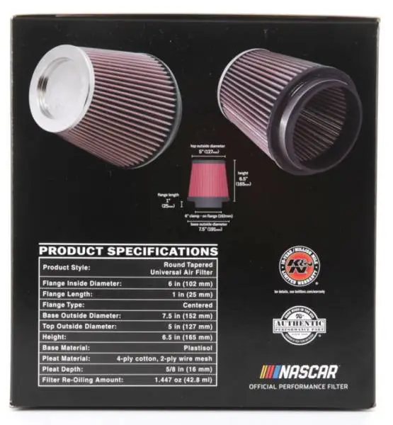 K&N Round Tapered Universal Air Filter 6in Flange ID x 7.5in Base OD x 5in Top OD x 6.5in Height thumbnail 12