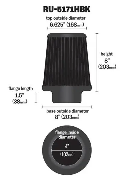K&N Universal Rubber Filter-Round Tapered 4in Flange ID x 8in Base OD x 6.625in Top OD x 8in H thumbnail 4