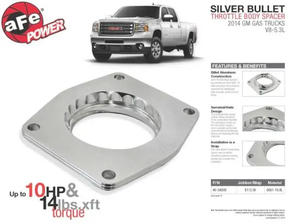 aFe Silver Bullet Throttle Body Spacers TBS 2014 GM Silverado/Sierra 1500 V8 5.3L thumbnail 4