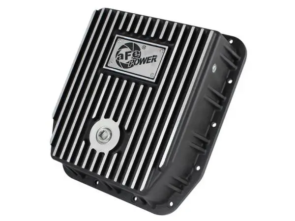 aFe POWER Transmission Pan Ford Trucks 80-92 (AOD Transmission)- Black w/ Machined Fins