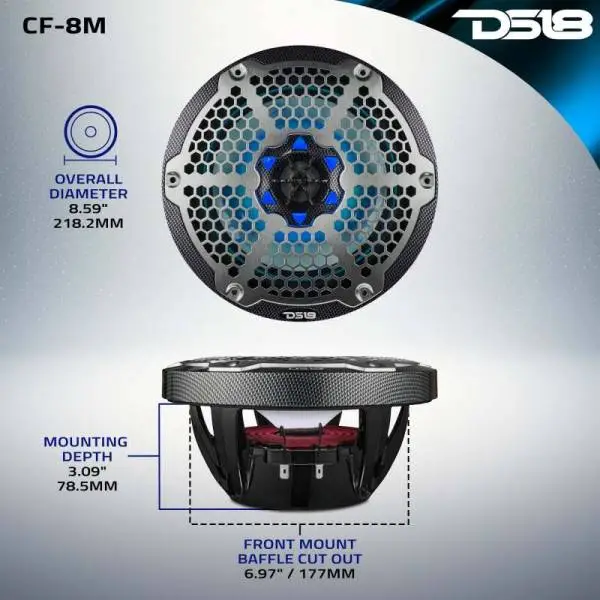 DS18 NXL-M Series Speaker w/ RGB LED Lights 8in 2-Way 125 Watts RMS 4 ohm Black Crbn Fiber w/ Cover image 3