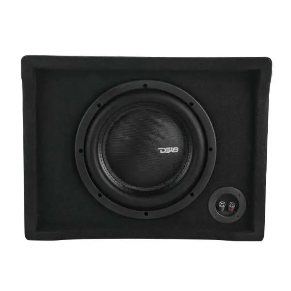 DS18 Single 10in Shallow Subwoofer and Enclosure 600 Watts RMS Downfiring Sealed Black Carpet