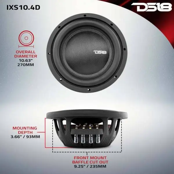 DS18 10in 600 Watts RMS 4 ohm DVC Shallow Mount Fiber Glass Subwoofer IXS Series image 2