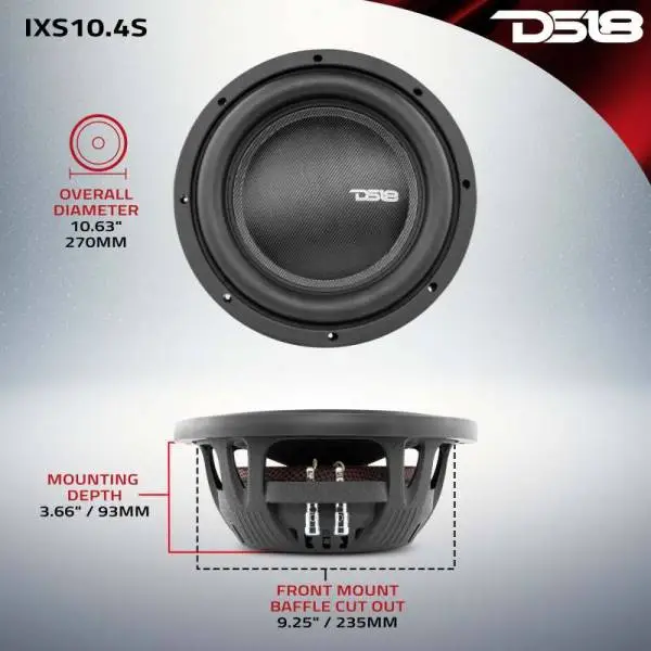 DS18 10in 600 Watts RMS 4 ohm SVC Shallow Mount Fiber Glass Subwoofer IXS Series image 2