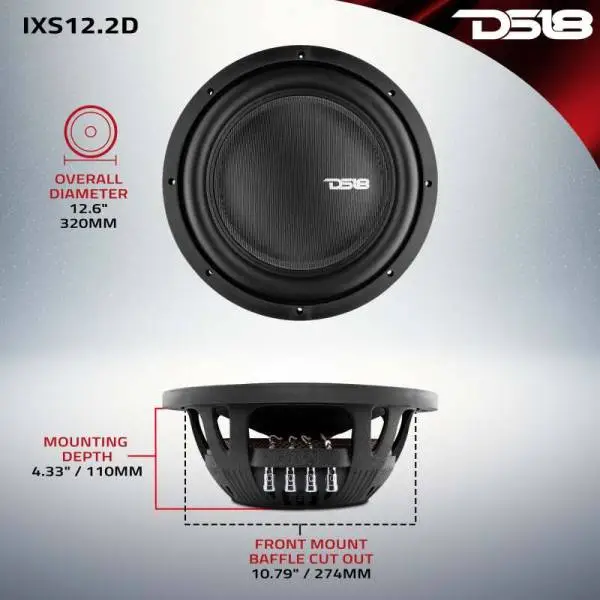DS18 12in 800 Watts RMS 2 ohm DVC Shallow Mount Fiber Glass Subwoofer IXS Series image 3