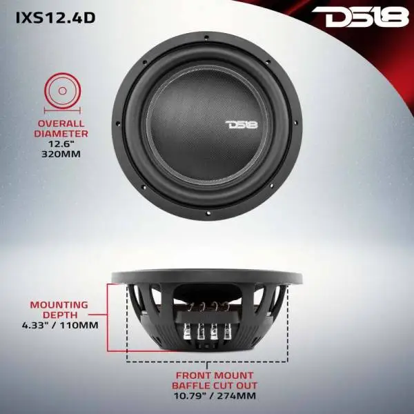 DS18 12in 800 Watts RMS 4 ohm DVC Shallow Mount Fiber Glass Subwoofer IXS Series image 3