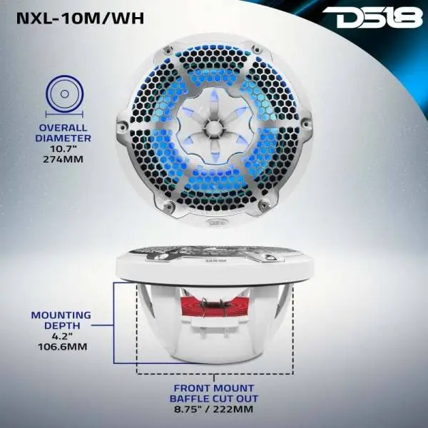DS18 NXL-M Series Spkr w/ RGB LED Lights 10in 2-Way 200 Watts RMS 4 ohm Wht Grill Detached w/ Cover image 11