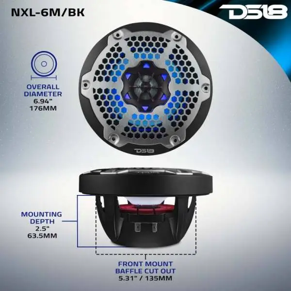 DS18 NXL-M Series Spkr w/ RGB LED Lights 6.5in 2-Way 100 Watts RMS 4 ohm Blk Grill Detached w/ Cover image 3