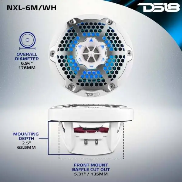 DS18 NXL-M Series Speaker w/ RGB LED Lights 6.5in 2-Way 100 Watts RMS 4 ohm White w/ Cover image 11