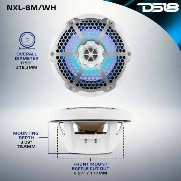DS18 NXL-M Series Speaker w/ RGB LED Lights 8in 2-Way 125 Watts RMS 4 ohm White w/ Cover image 11