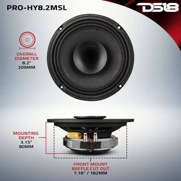 DS18 8in 200 Watts RMS 2 ohm Mid-Range Loudspeaker Shallow Grill Included image 3