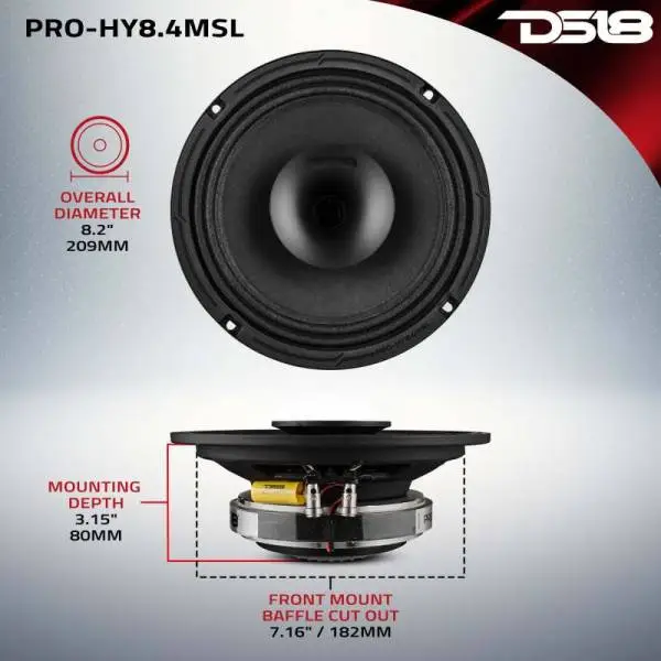 DS18 8in 200 Watts RMS 4 ohm Mid-Range Loudspeaker Shallow Grill Included image 3
