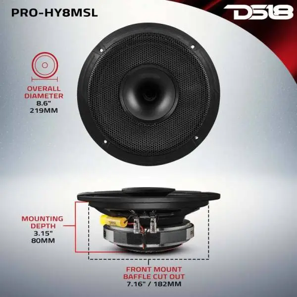 DS18 8in 200 Watts RMS 8 ohm Mid-Range Loudspeaker Shallow Grill Included image 3