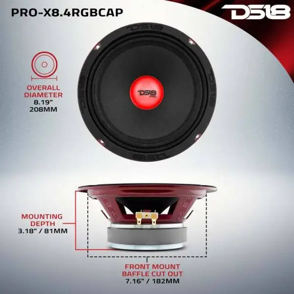 DS18 8in 275 Watts RMS 4 ohm Mid-Range Loudspeaker w/ RGB Dust Cap image 2