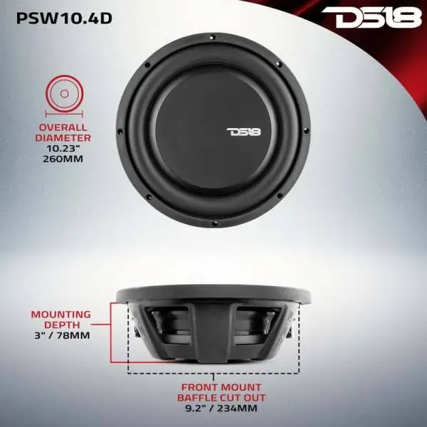 DS18 10in 500 Watts RMS 4 ohm DVC Shallow Mount Water Resistant Subwoofer image 3