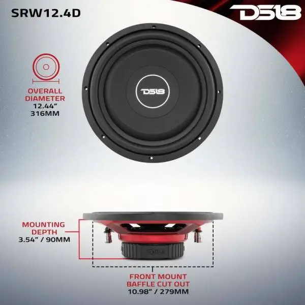 DS18 12in 220 Watts RMS 4 ohm DVC Shallow Mount Subwoofer image 4