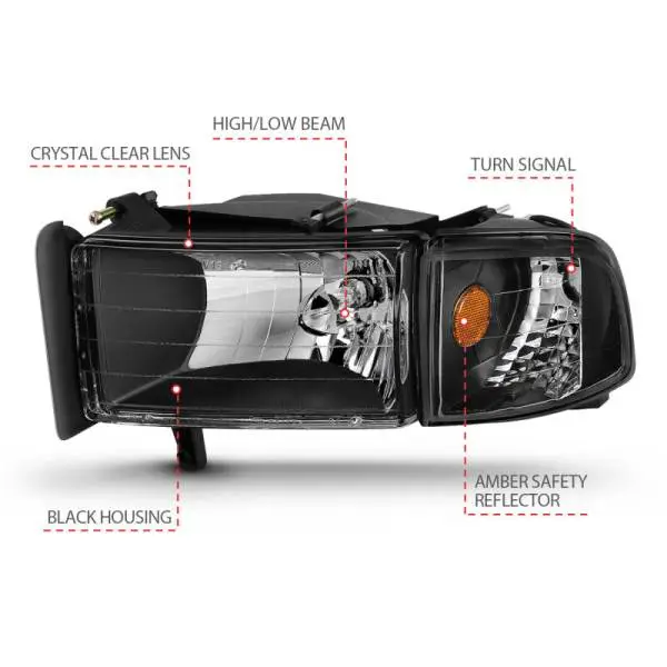 ANZO 1994-2001 Dodge Ram Crystal Headlights Black image 5