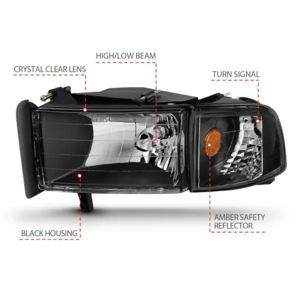 ANZO 1994-2001 Dodge Ram Crystal Headlights Black image 10